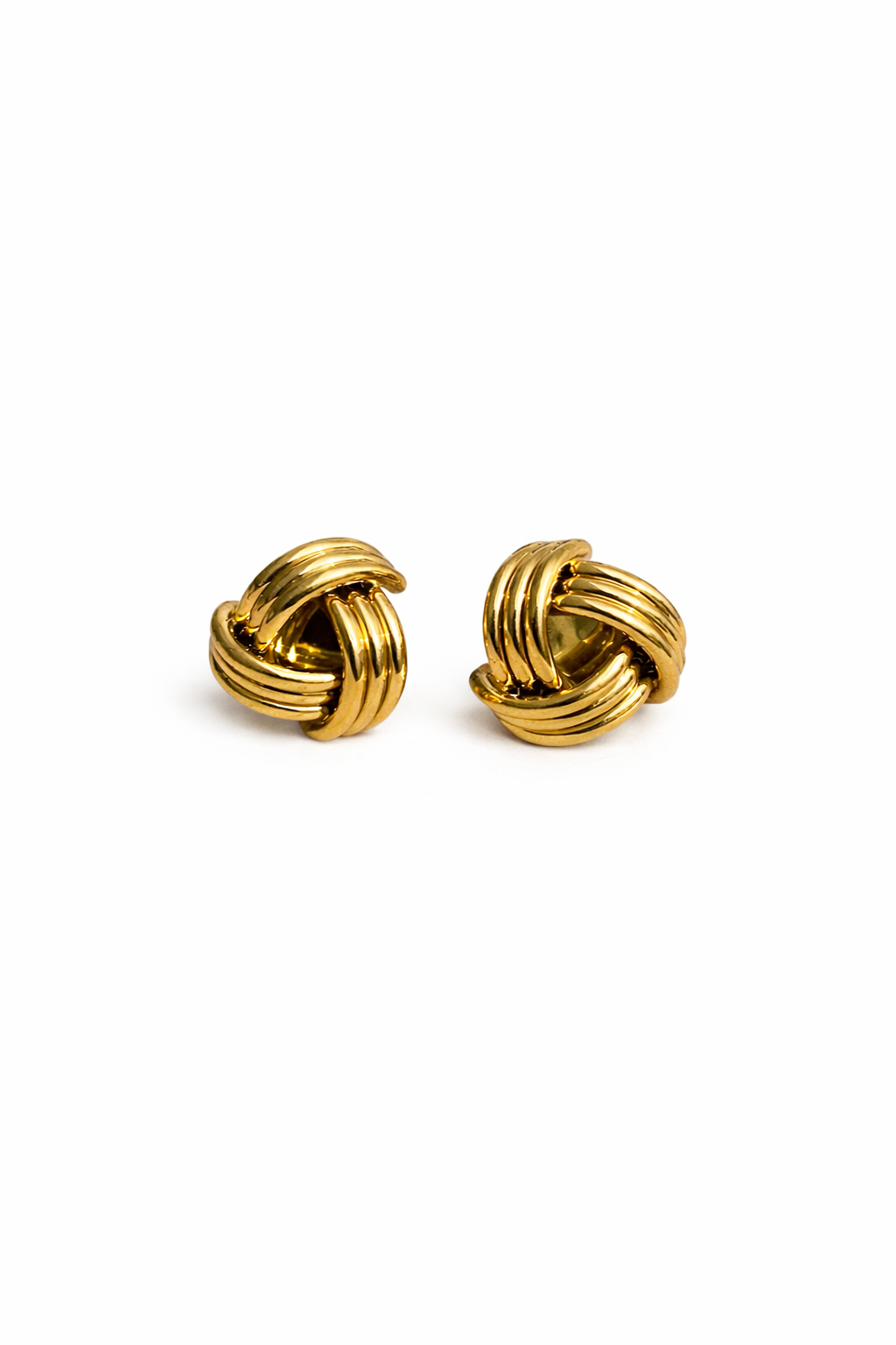 Prifine Knot Stud Earrings featuring sleek, minimalist design with intertwined knot details in shiny metal.