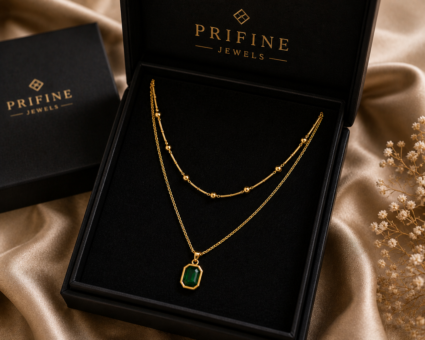 Prifine 18k gold-plated stainless steel emerald layering necklace with multiple delicate chains and gemstone accents.