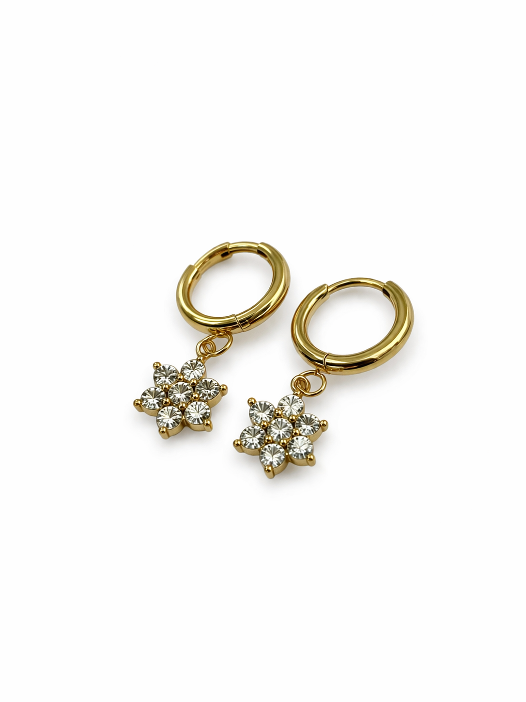 Prifine flower hoop drop earring featuring delicate floral design and gold-tone metal, hanging elegantly from a hook.