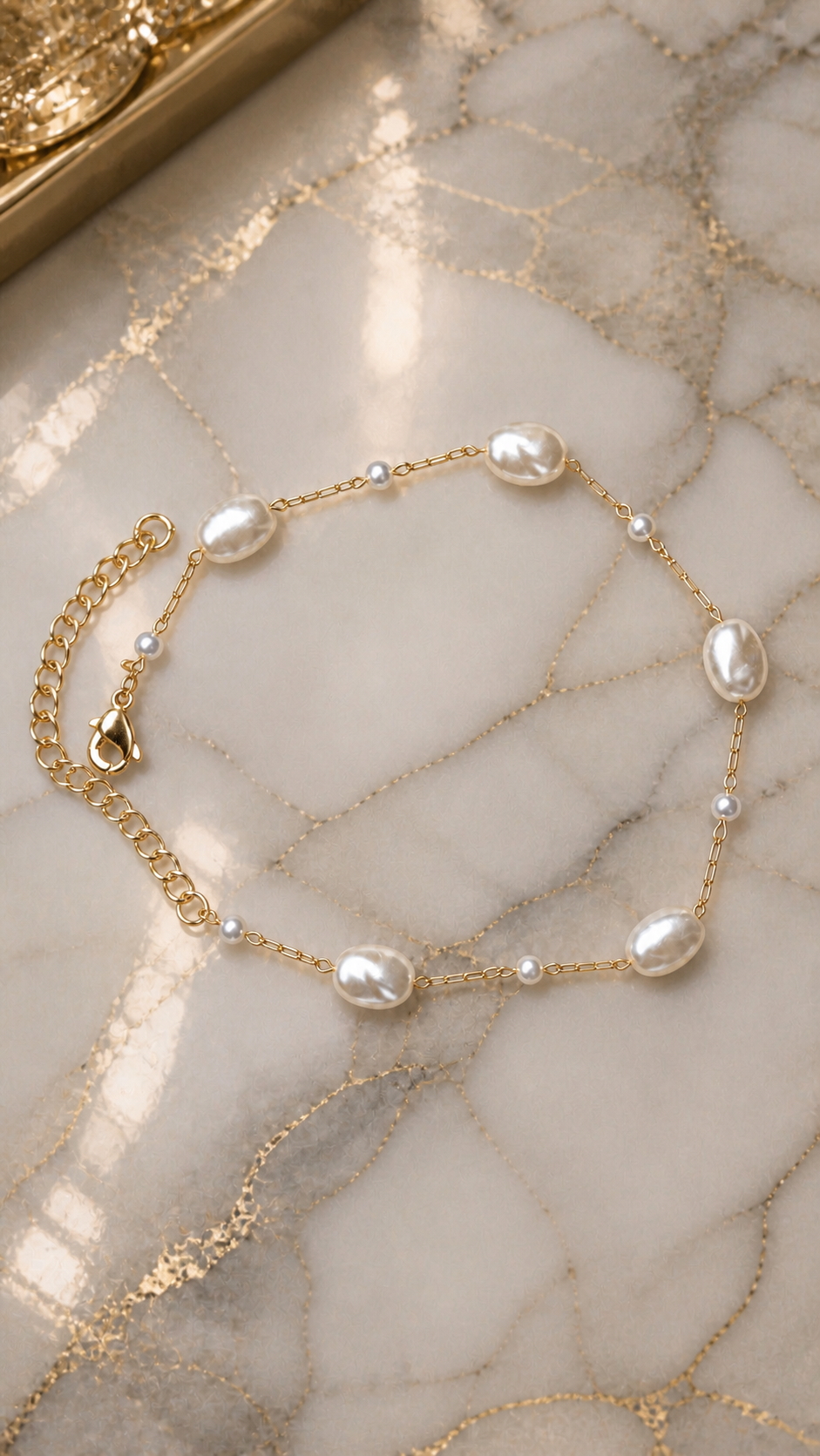 Prifine 18k gold-plated pearl link bracelet with alternating pearl and gold chain links, elegant jewelry accessory
