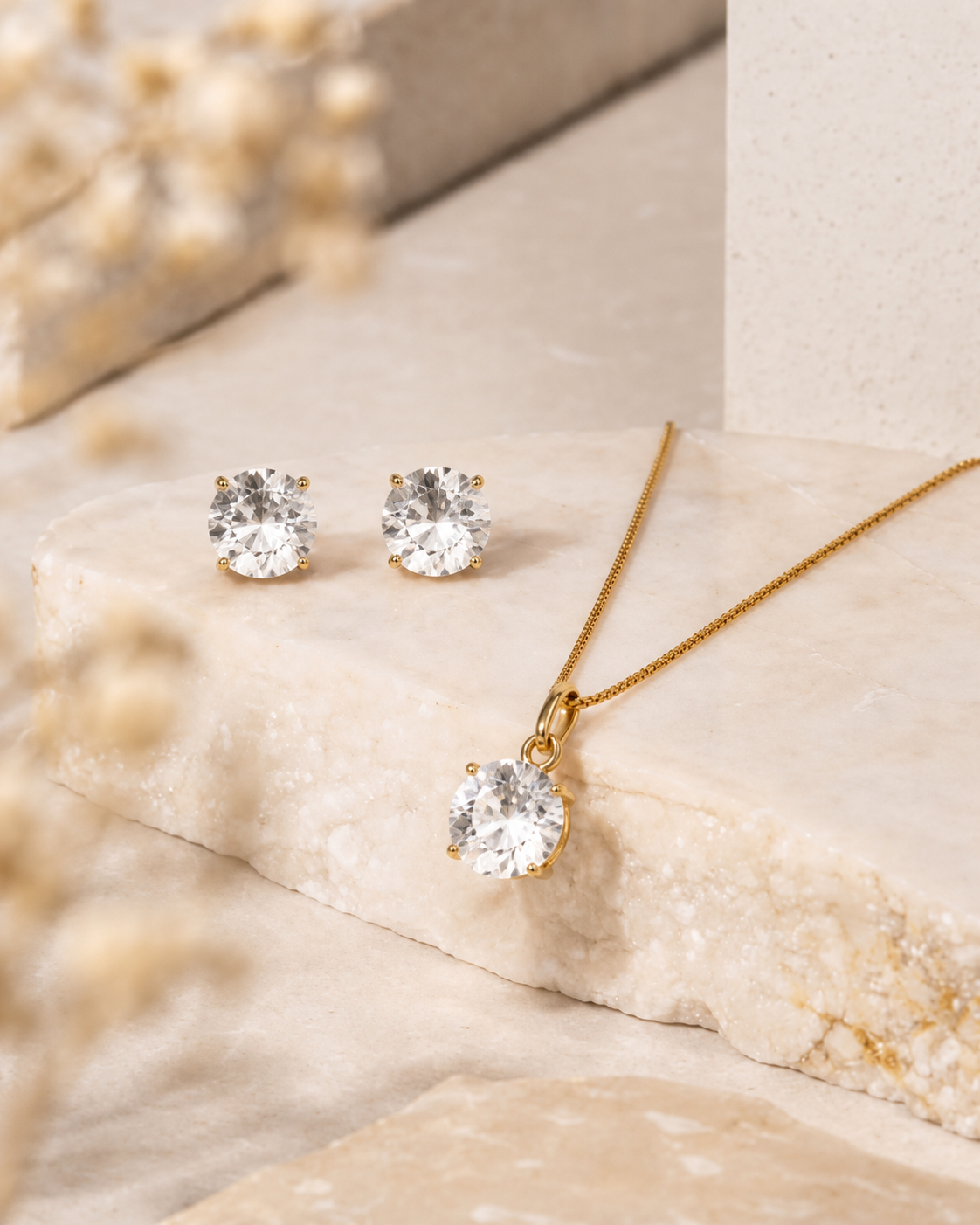Round Solitaire Crystal Pendant Necklace &amp; Stud Earrings Set for Women | Gold-Plated Jewelry Set