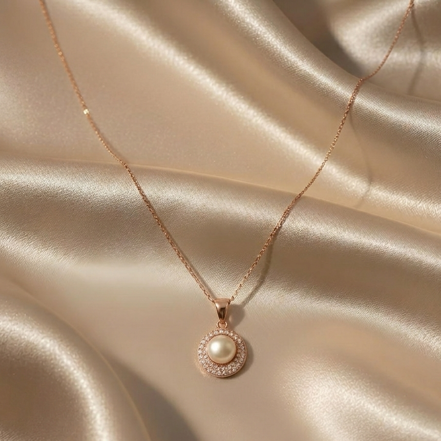 Prifine 18k gold plated pearl halo pendant necklace featuring a round pearl surrounded by a delicate gold halo.