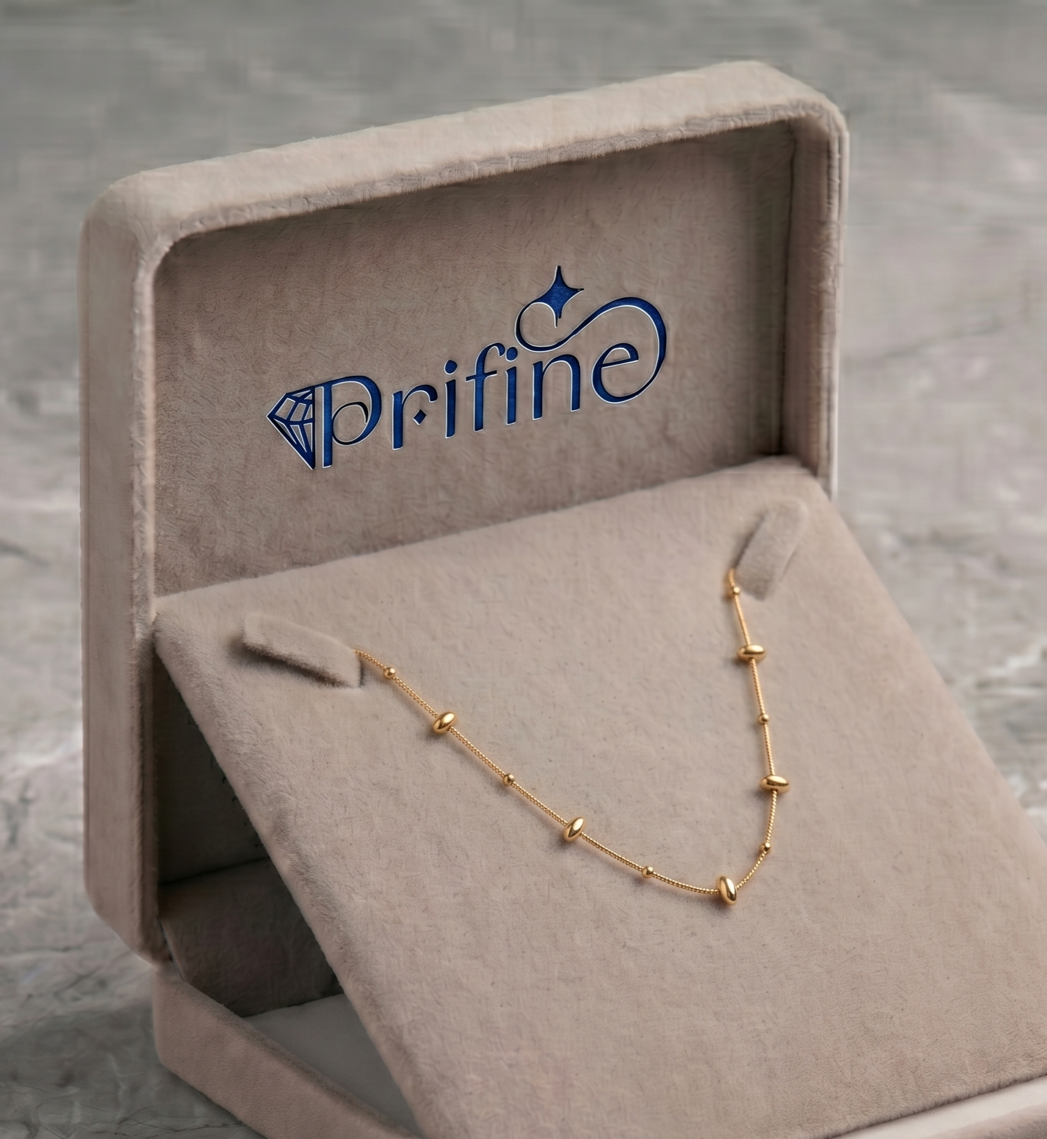 Prifine minimalist gold pebble bead chain necklace with small rounded beads on a delicate chain.