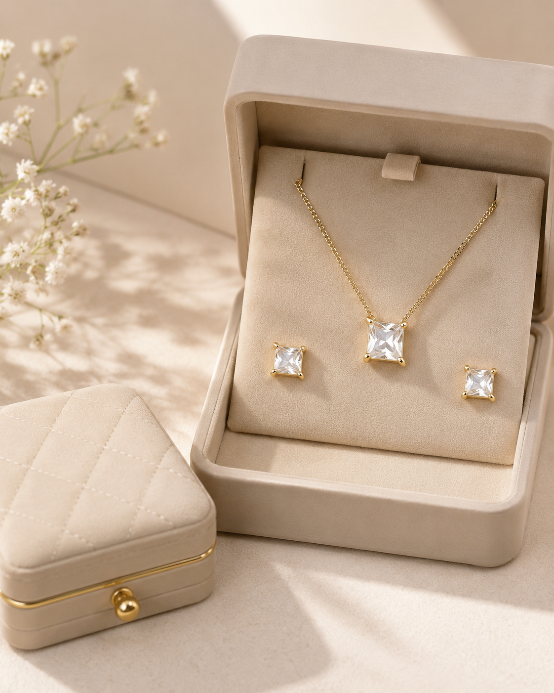 Elegant Princess Cut Crystal Pendant Necklace &amp; Stud Earrings Set | Gold-Plated Minimalist Jewelry for Women