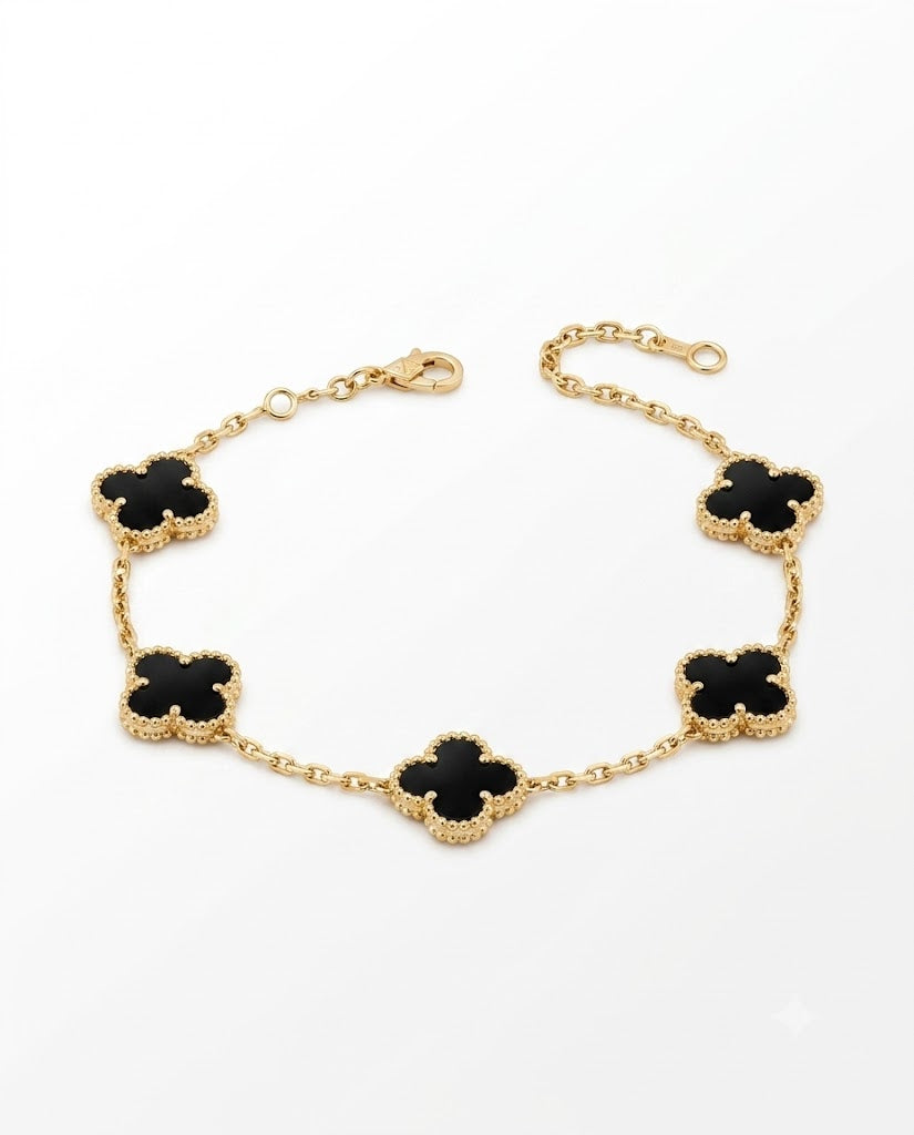 18K Gold Plated Four Leaf Lucky Flower Charm Bracelet | Elegant Black Motif Wristband for Women