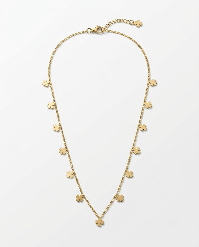 18K Gold Plated Multi Clover Charm Choker Necklace | Delicate Solid Four-Leaf Clover Drop Chain