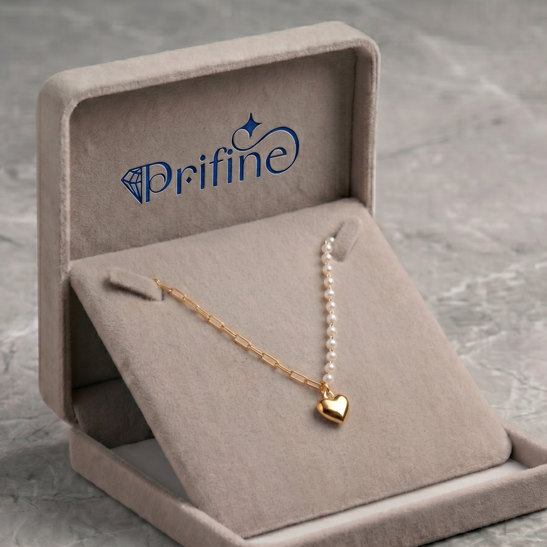 Prifine dainty heart necklace with half pearls and paperclip chain, elegant jewelry accessory for women.