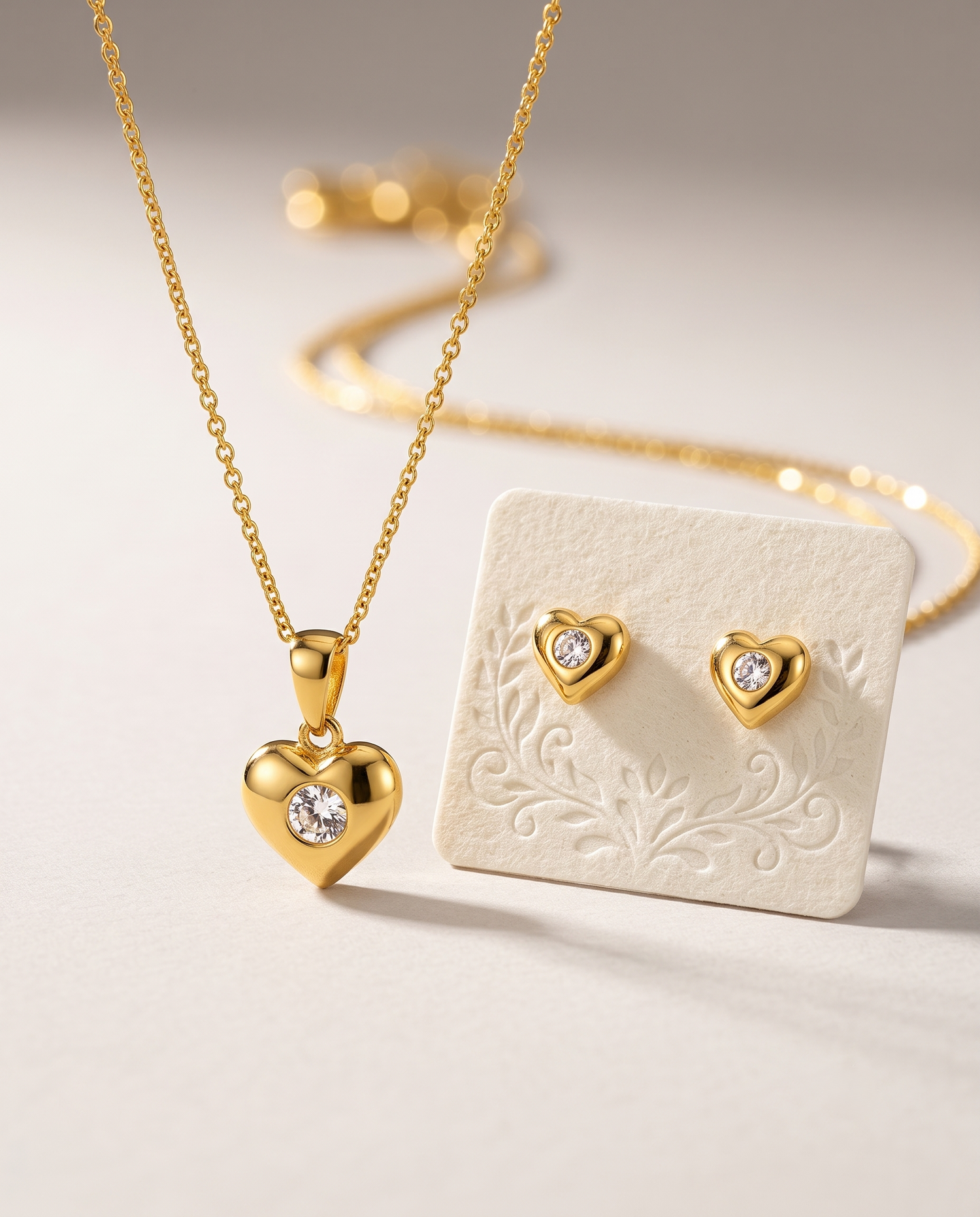 Gold Heart Pendant Necklace &amp; Stud Earrings Set for Women | Crystal Gold-Plated Jewelry Set