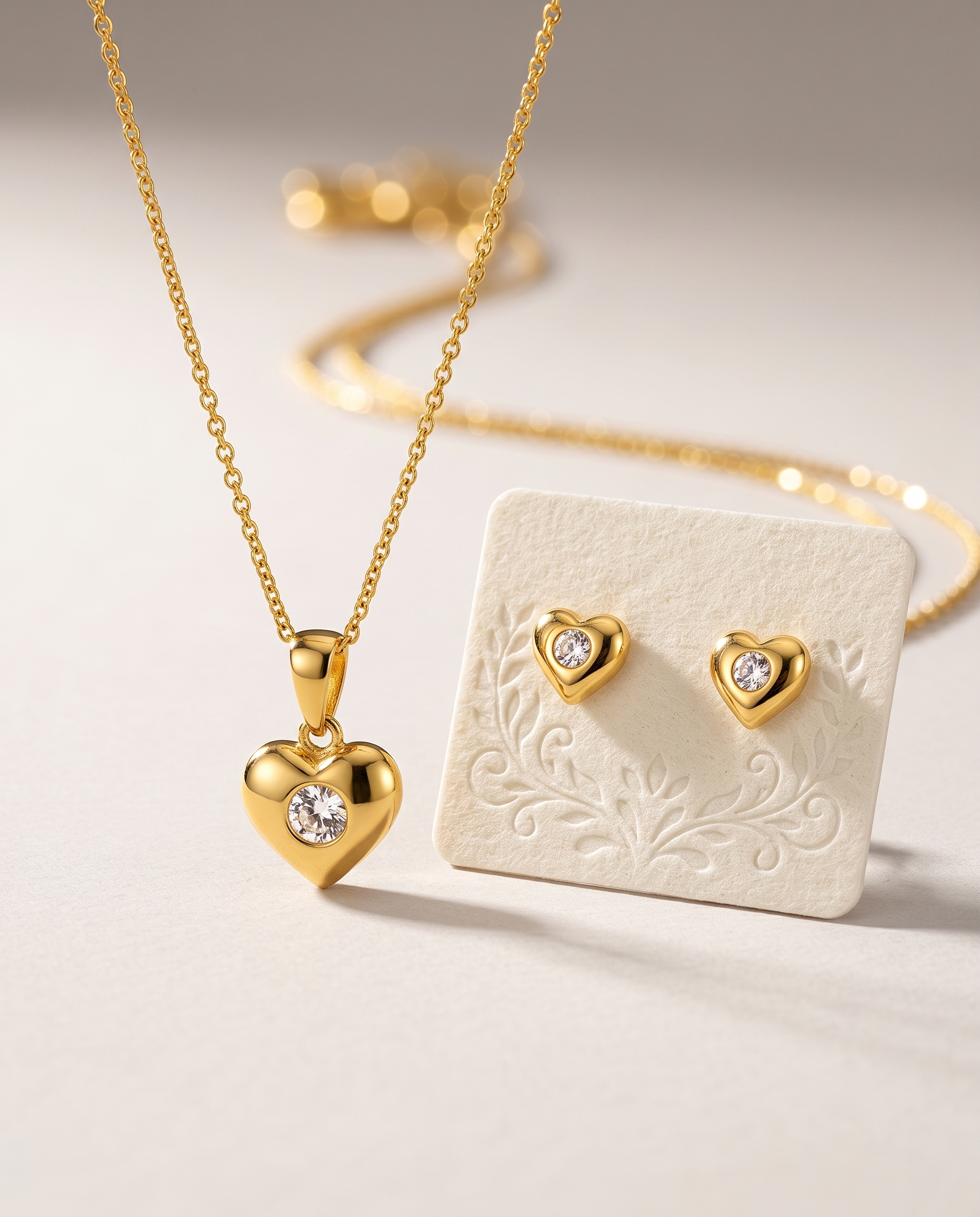 Gold Heart Pendant Necklace &amp; Stud Earrings Set for Women | Crystal Gold-Plated Jewelry Set