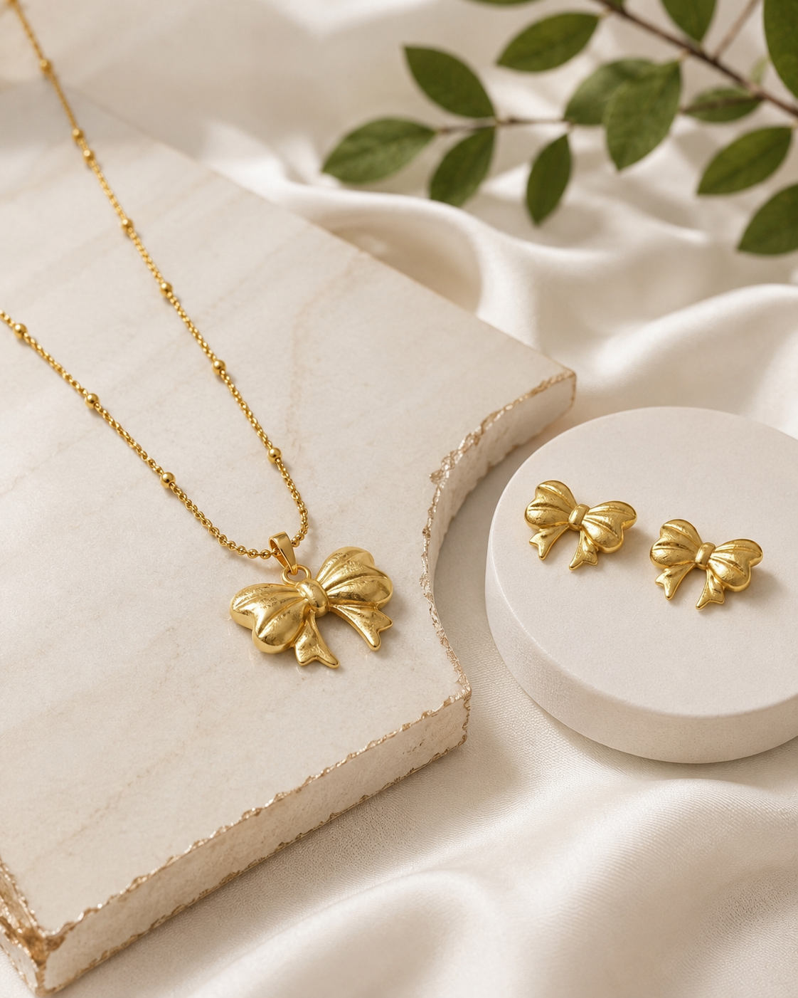 Gold Bow Pendant Necklace &amp; Stud Earrings Set for Women | Elegant Gold-Plated Bow Jewelry Set