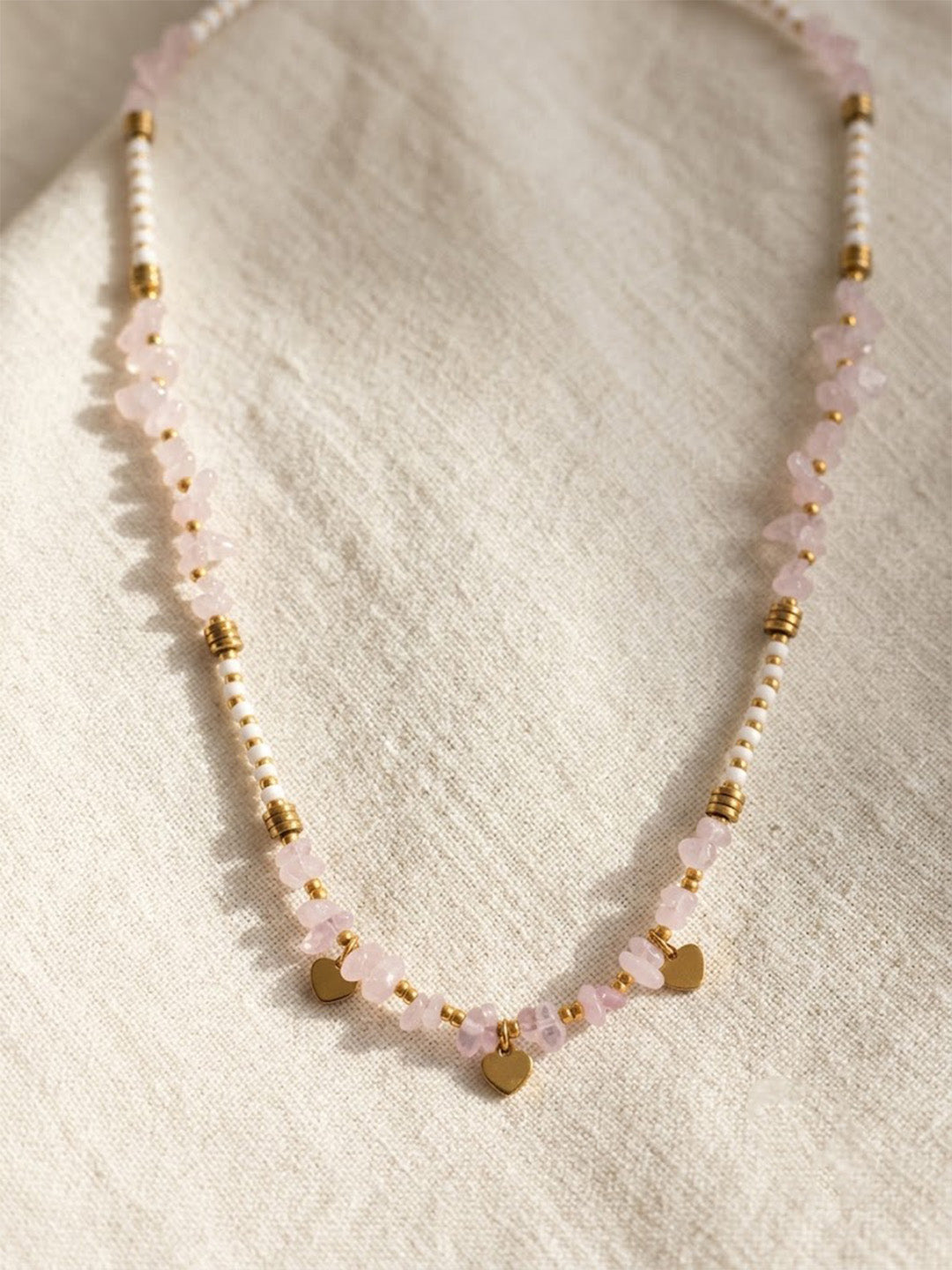 Rose Quartz Heart Charm Beaded Necklace – Gold-Tone Dainty Necklace
