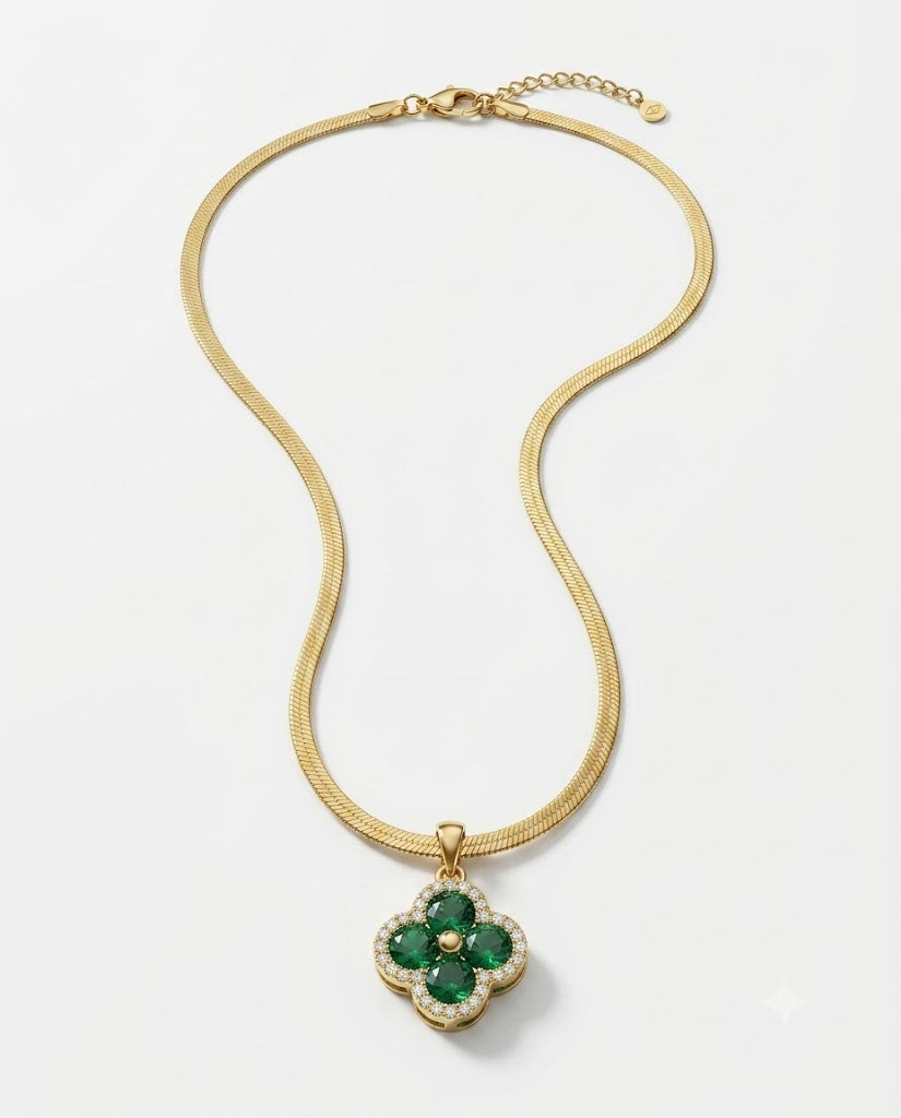 18K Gold Plated Emerald Green Crystal Clover Pendant Necklace | Flat Herringbone Snake Chain for Women