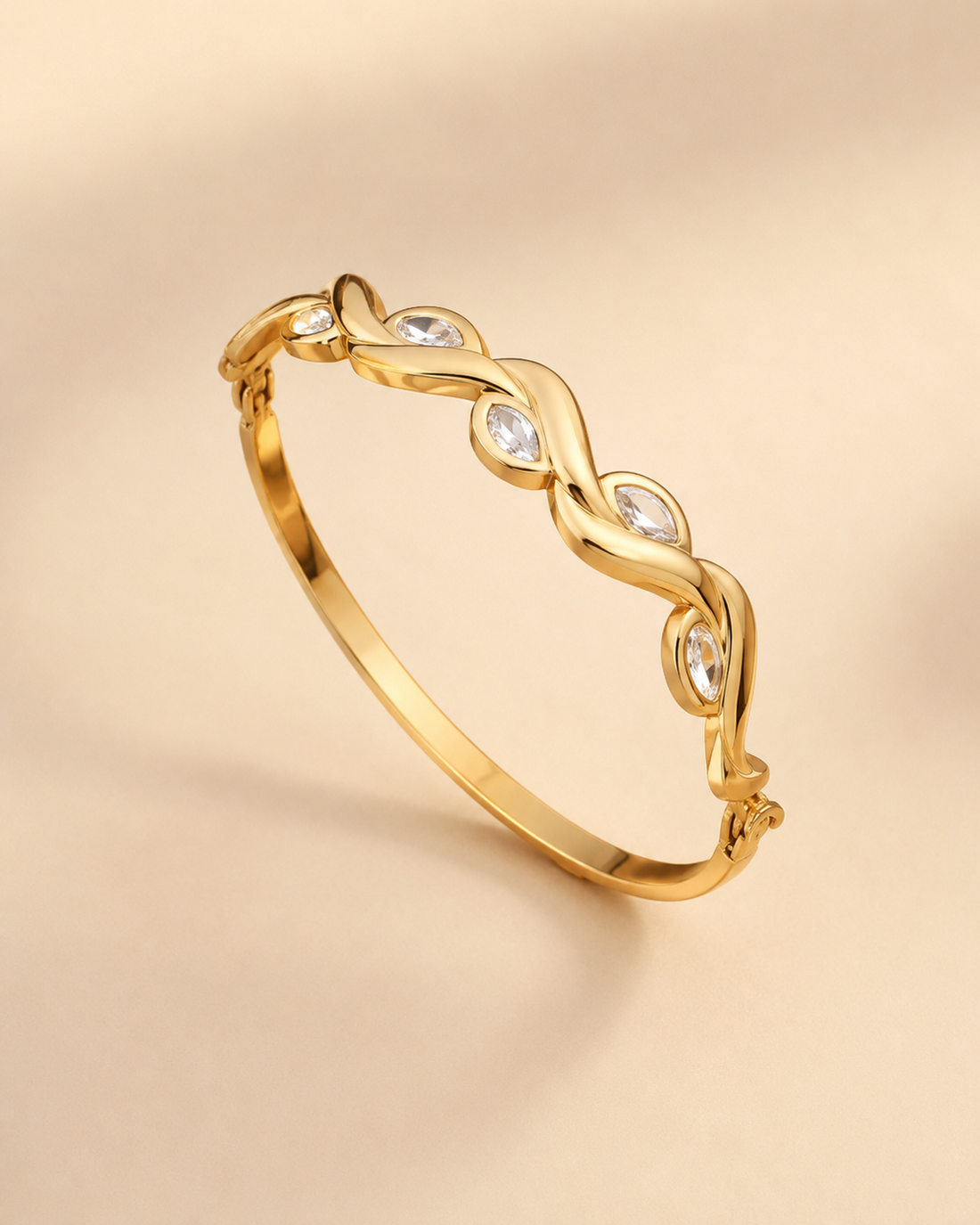 Prifine twisted vine diamond cuff bracelet in 18K gold vermeil with marquise CZ accents, showcasing intricate vine design and sparkling details.
