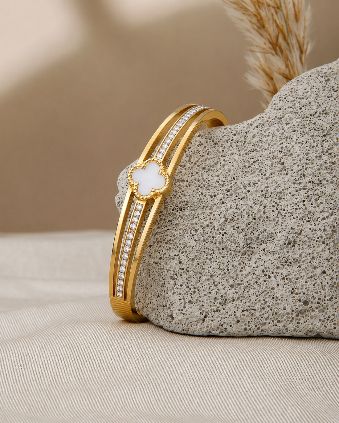 Luxury gold-plated clover bracelet with crystal accents, elegant women&