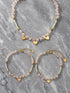 Rose Quartz heart charm jewelry set featuring a gold-plated necklace, bracelet, and earrings with natural stones and anti-tarnish finish.