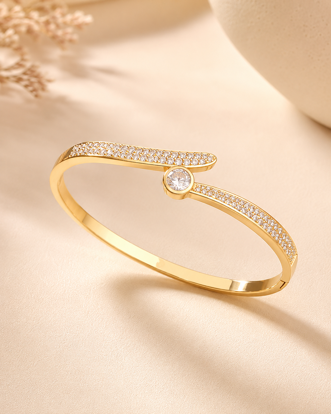 Prifine Radiant Sparkle cuff bracelet in 18K gold vermeil with diamond accents, open design, elegant and stylish jewelry accessory.