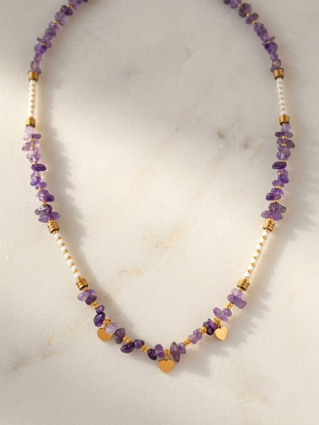 Boho Amethyst Crystal &amp; Triple Heart Pendant Necklace – Tarnish-Resistant Stainless Steel