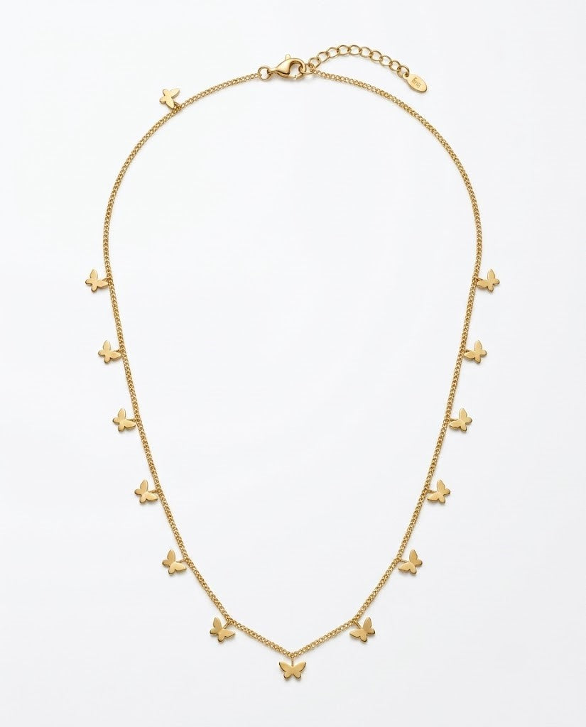 18K Gold Plated Multi Butterfly Charm Dangle Necklace | Dainty Solid Butterfly Drop Fringe Chain for Women