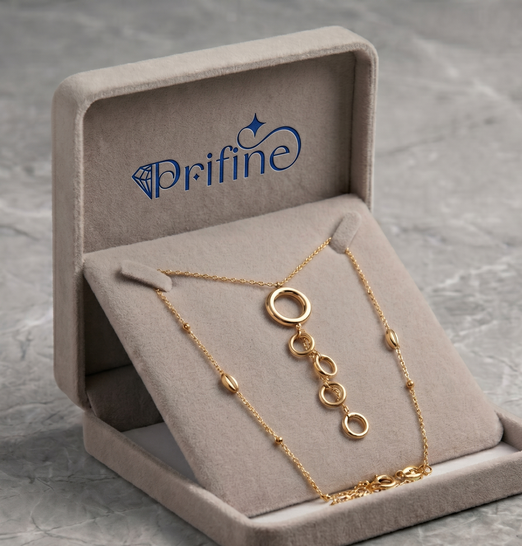 Gold drop pendant necklace with dangling circle accents by Prifine, featuring a sleek and elegant jewelry design.