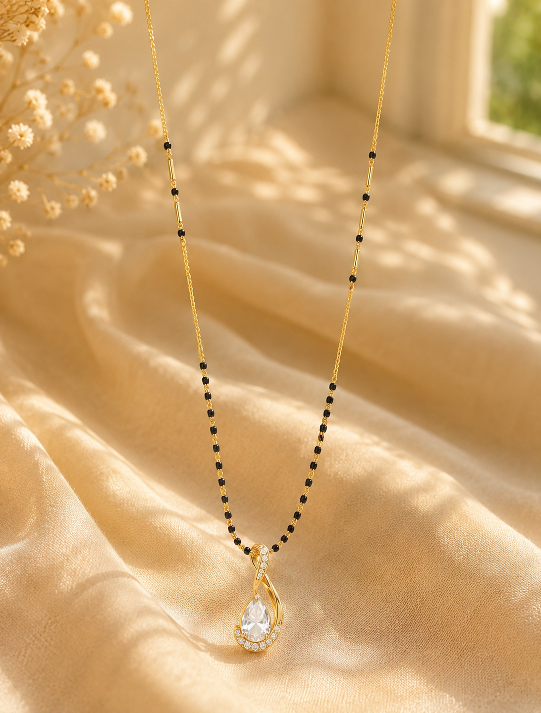 Gold Plated Mangalsutra Necklace with Crystal Teardrop Pendant for Women