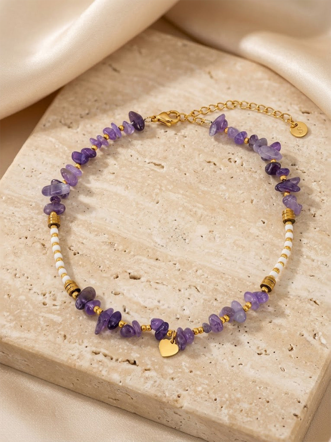 Raw Amethyst Gemstone Beaded Bracelet with Gold Heart Charm &amp; Gold-Tone Accent Spacers