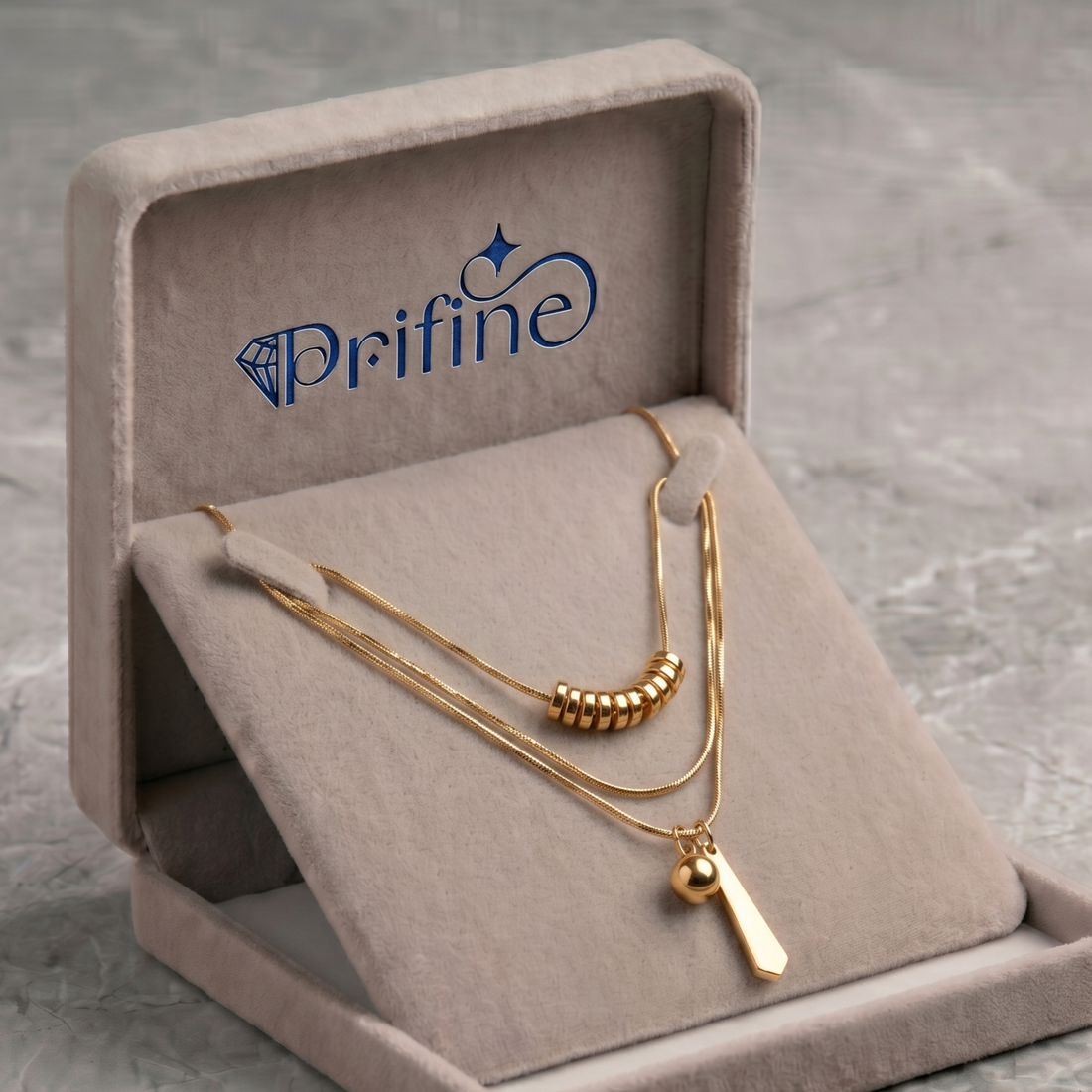 Gold geometric layering necklace set from Prifine collection featuring multiple delicate chain necklaces with geometric charms.