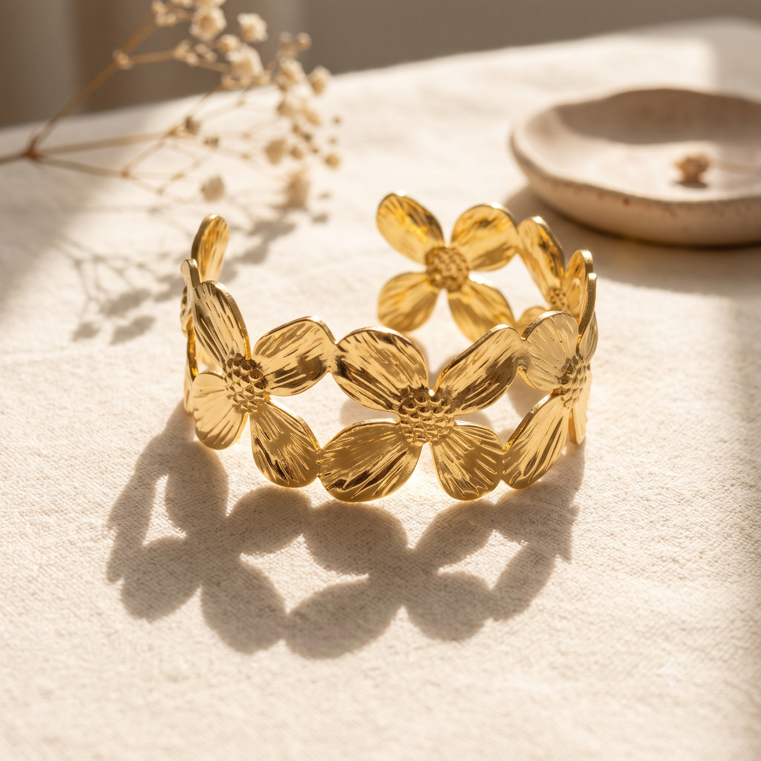 Floral Bloom Gold Cuff Bracelet for Women | Elegant Statement Open Bangle | Anti-Tarnish | Adjustable Fit