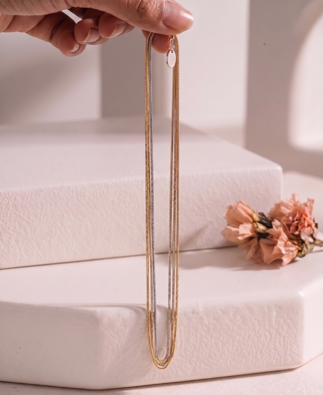 Prifine Tri-Tone 18k gold plated multi-strand liquid chain necklace with layered design and shiny finish.