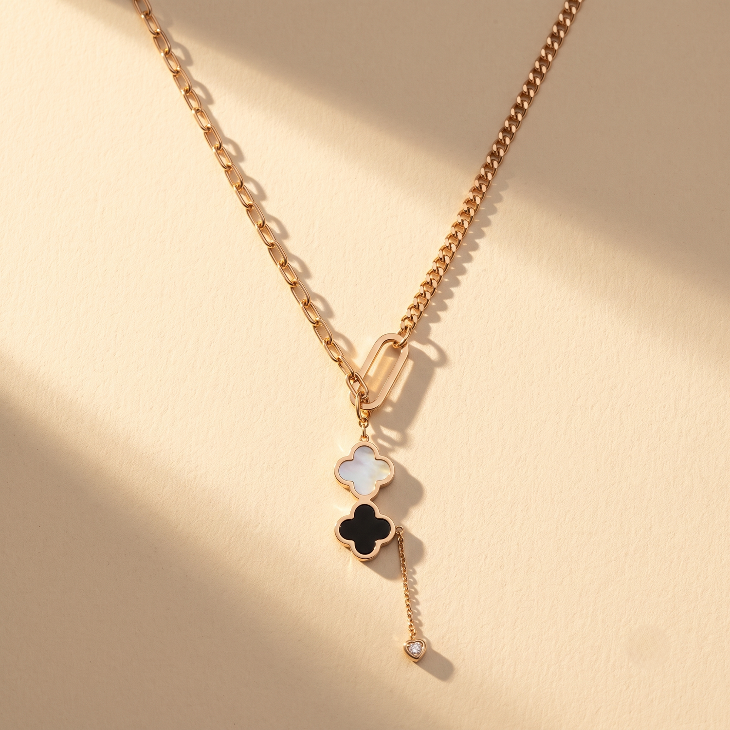 Elegant Clover Charm Gold Necklace for Women | Black &amp; White Clover Pendant | Anti-Tarnish | Premium Gold-Plated Necklace