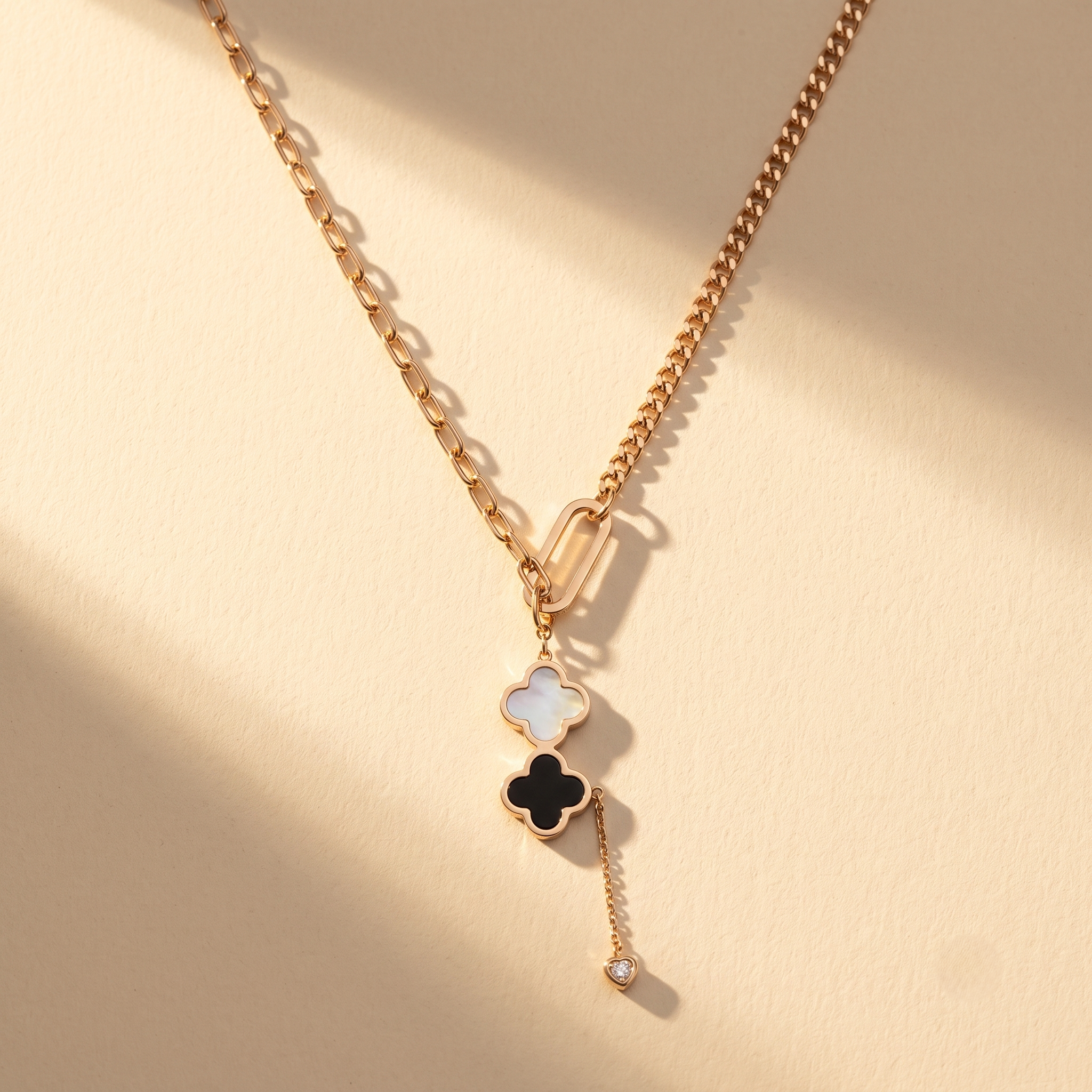 Elegant Clover Charm Gold Necklace for Women | Black &amp; White Clover Pendant | Anti-Tarnish | Premium Gold-Plated Necklace