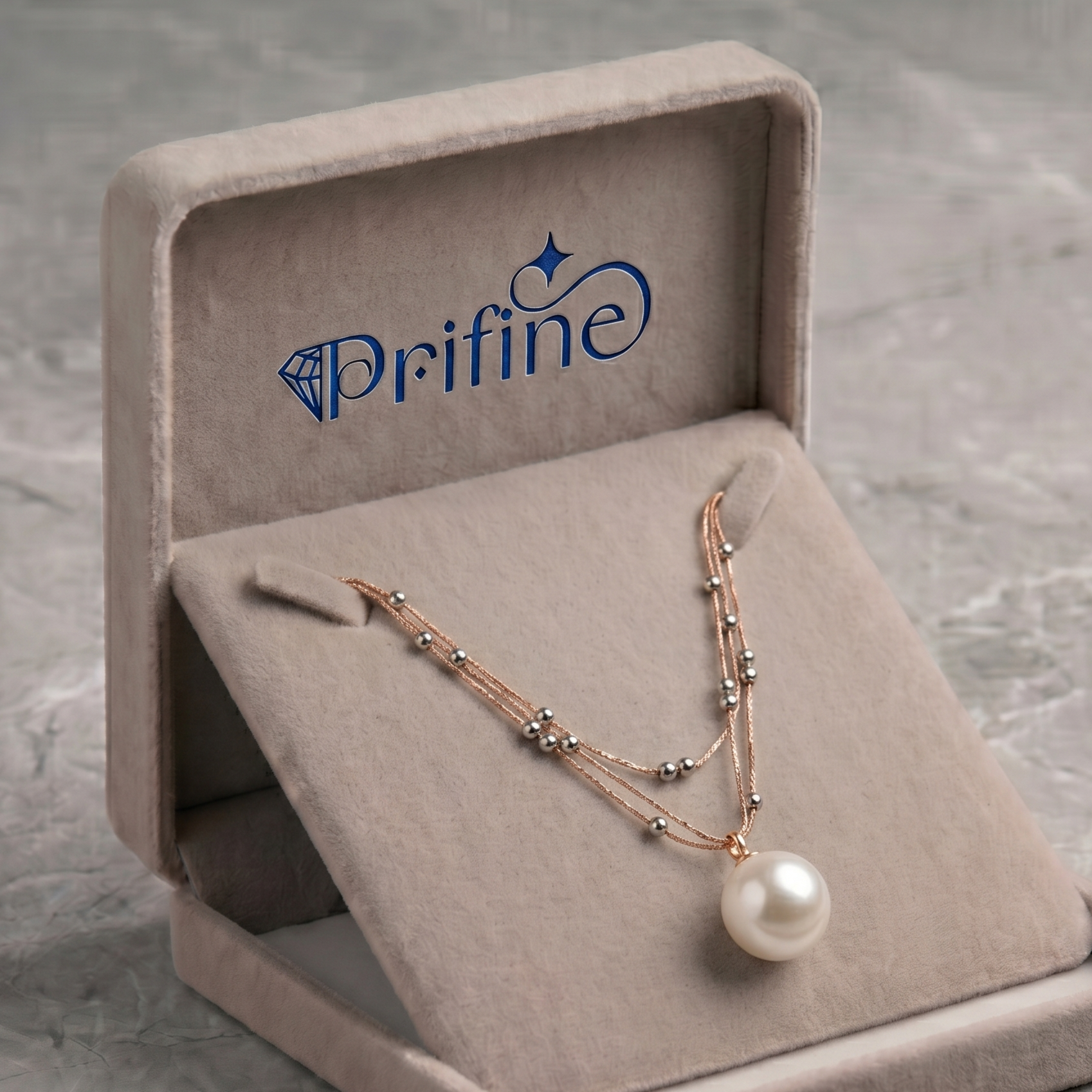 Large solitaire pearl double-strand necklace by Prifine featuring elegant white pearls on a silver chain.