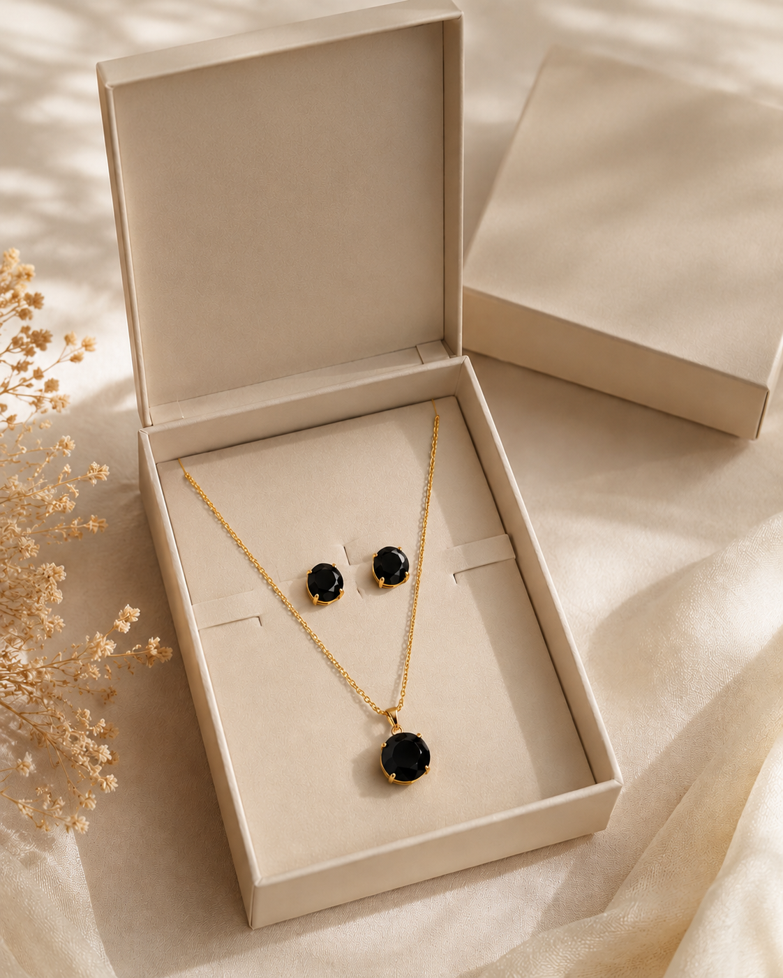 Black Crystal Pendant Necklace &amp; Stud Earrings Set for Women | Gold-Plated Elegant Jewelry Set