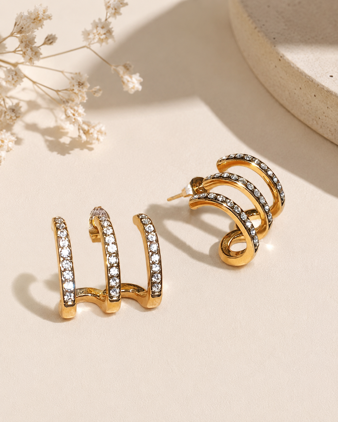 18K Gold Plated Triple Row Diamond Hoop Earrings