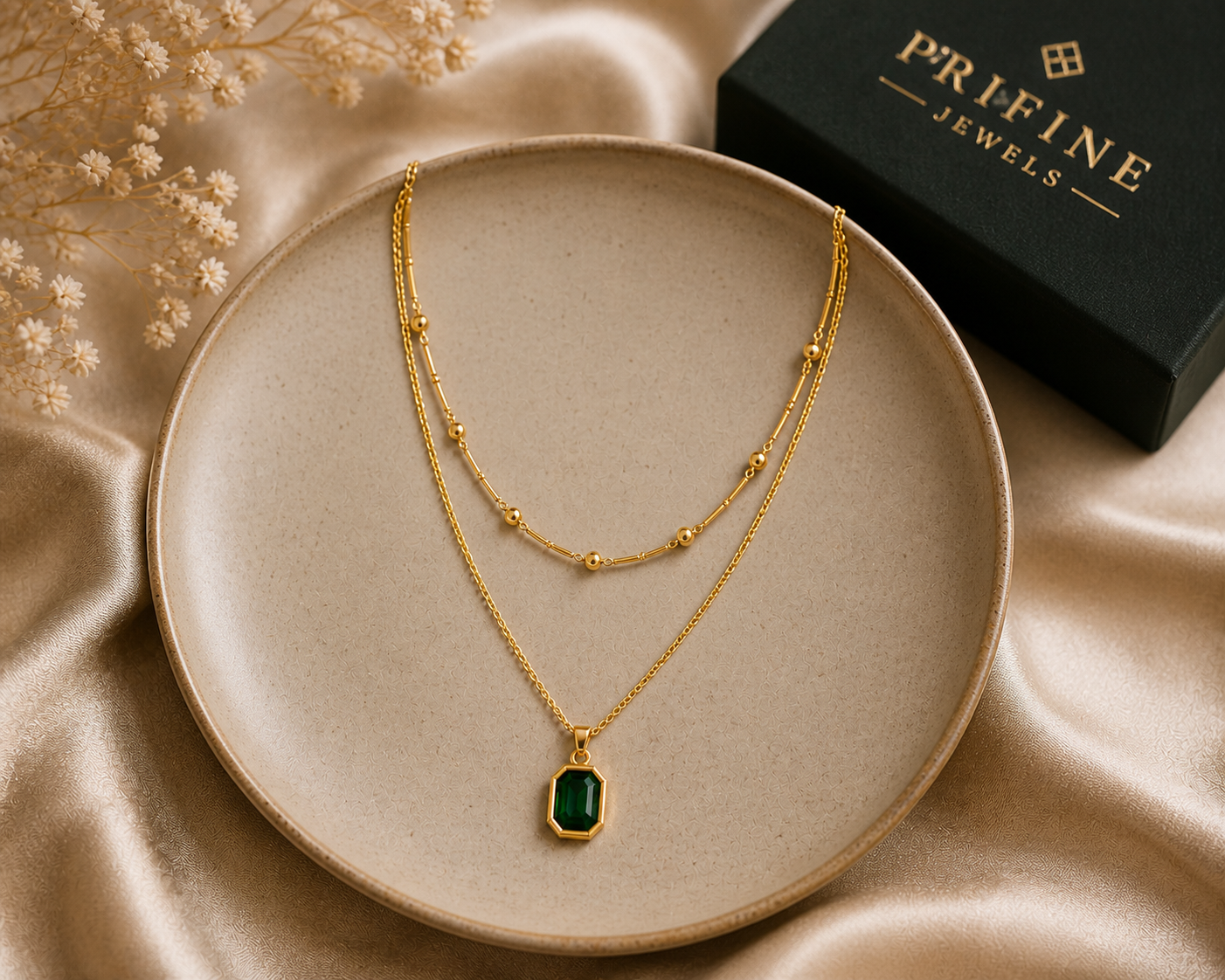Prifine 18k gold-plated stainless steel emerald layering necklace with multiple delicate chains and emerald accents.