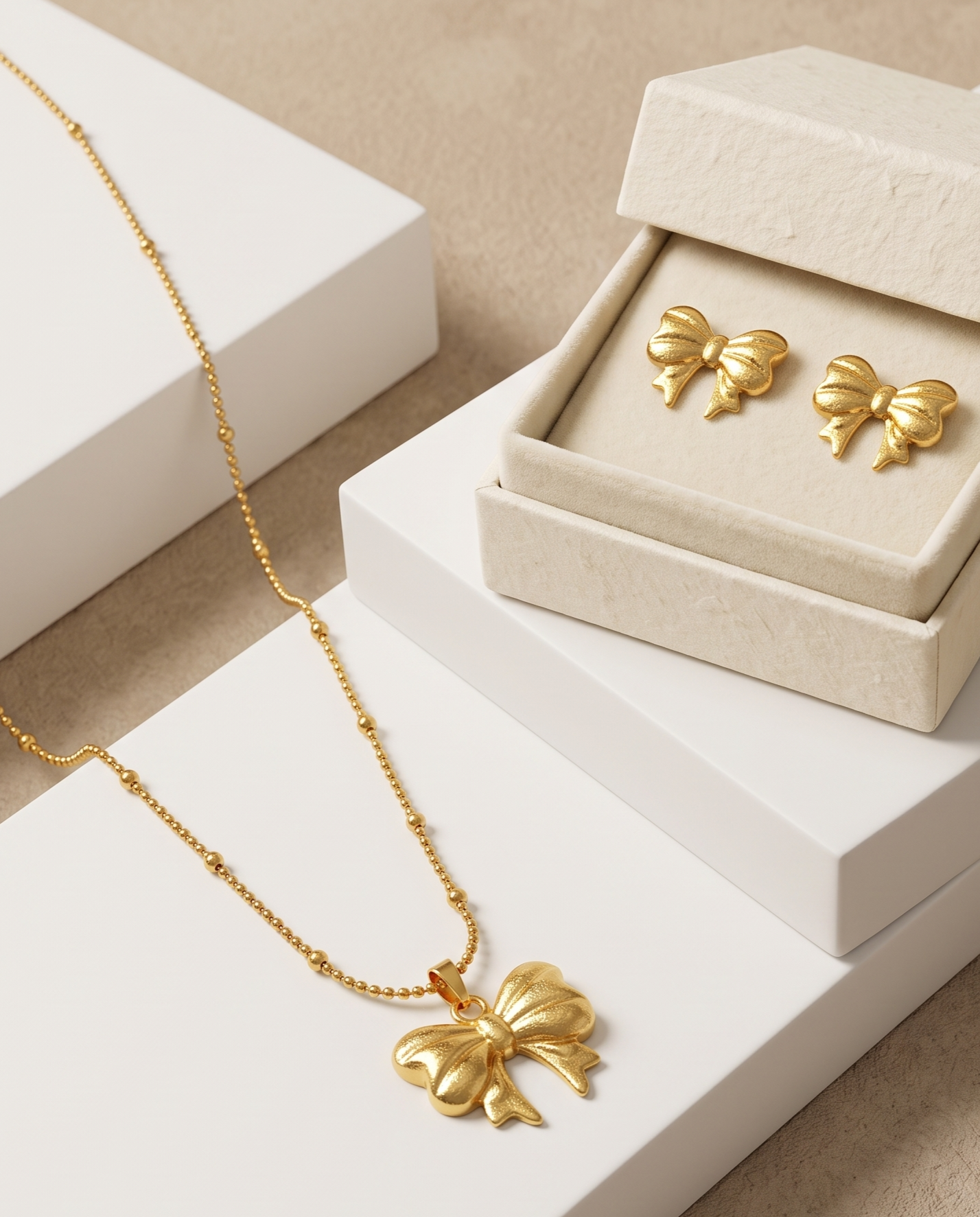 Gold Bow Pendant Necklace &amp; Stud Earrings Set for Women | Elegant Gold-Plated Bow Jewelry Set