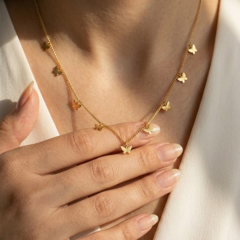 18K Gold Plated Multi Butterfly Charm Dangle Necklace | Dainty Solid Butterfly Drop Fringe Chain for Women