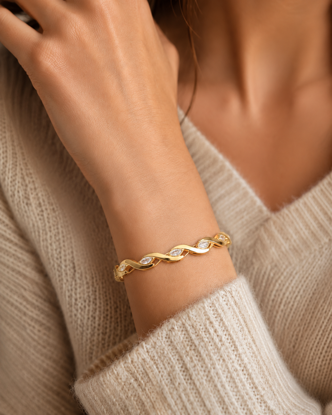 Prifine twisted vine diamond cuff bracelet with marquise CZ stones in 18K gold vermeil, showcasing intricate vine design and sparkling accents.