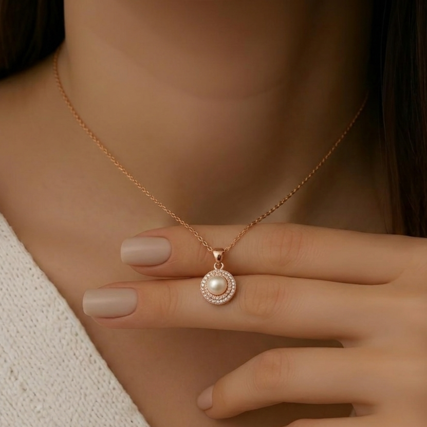 Prifine 18k gold plated pearl halo pendant necklace featuring a central pearl surrounded by a delicate gold halo.