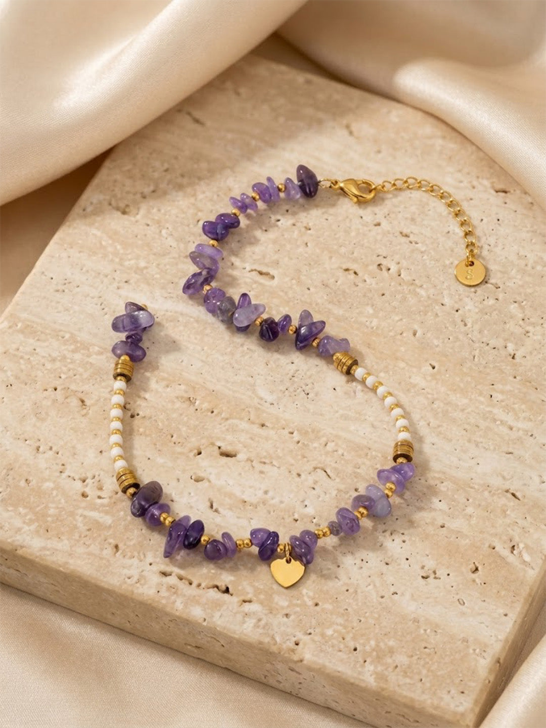 Raw Amethyst Gemstone Beaded Bracelet with Gold Heart Charm &amp; Gold-Tone Accent Spacers