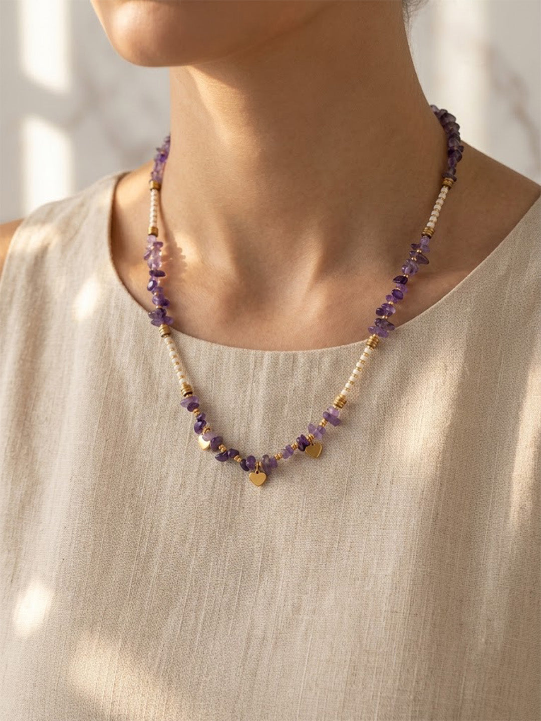 Boho Amethyst Crystal &amp; Triple Heart Pendant Necklace – Tarnish-Resistant Stainless Steel