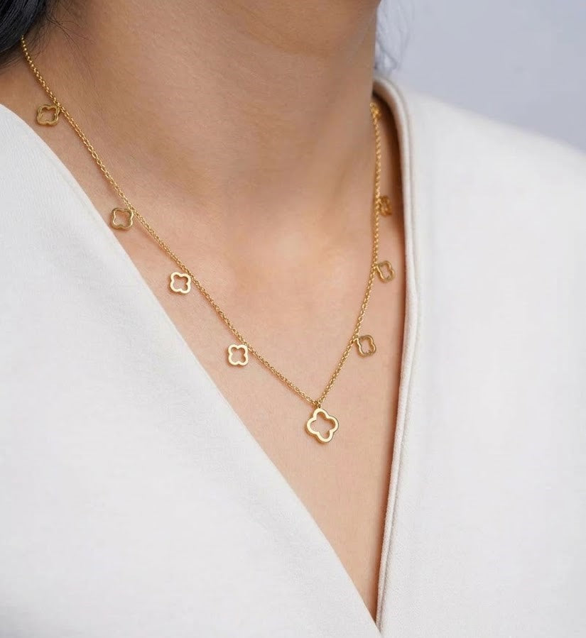 18K Gold Plated Openwork Clover Dangle Chain Necklace