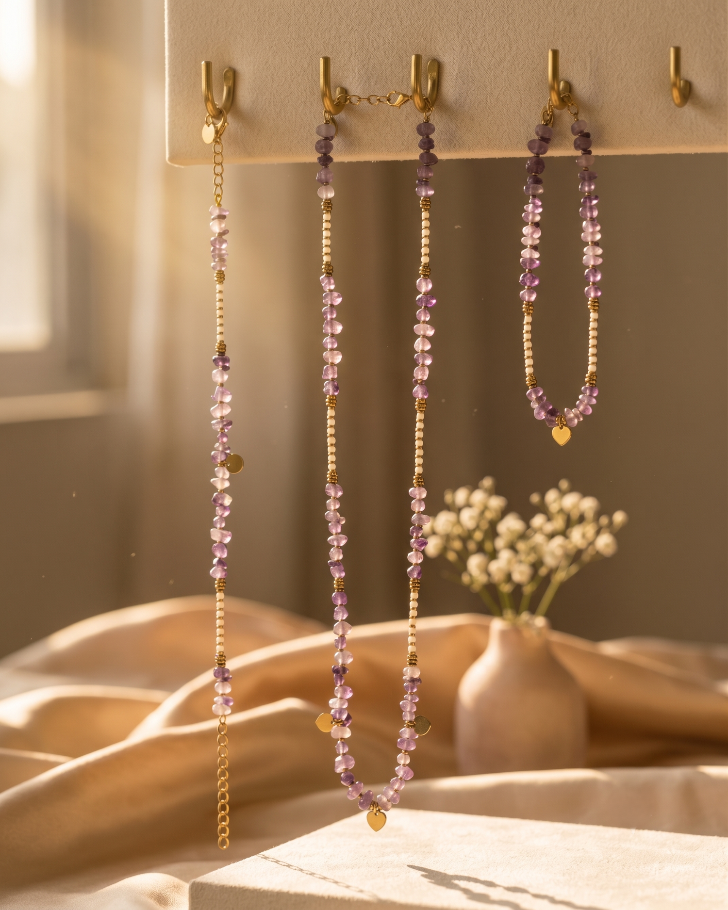 Amethyst Heart Charm Jewelry Set – Natural Stone Necklace, Bracelet &amp; Anklet | Gold-Plated | Anti-Tarnish | Waterproof