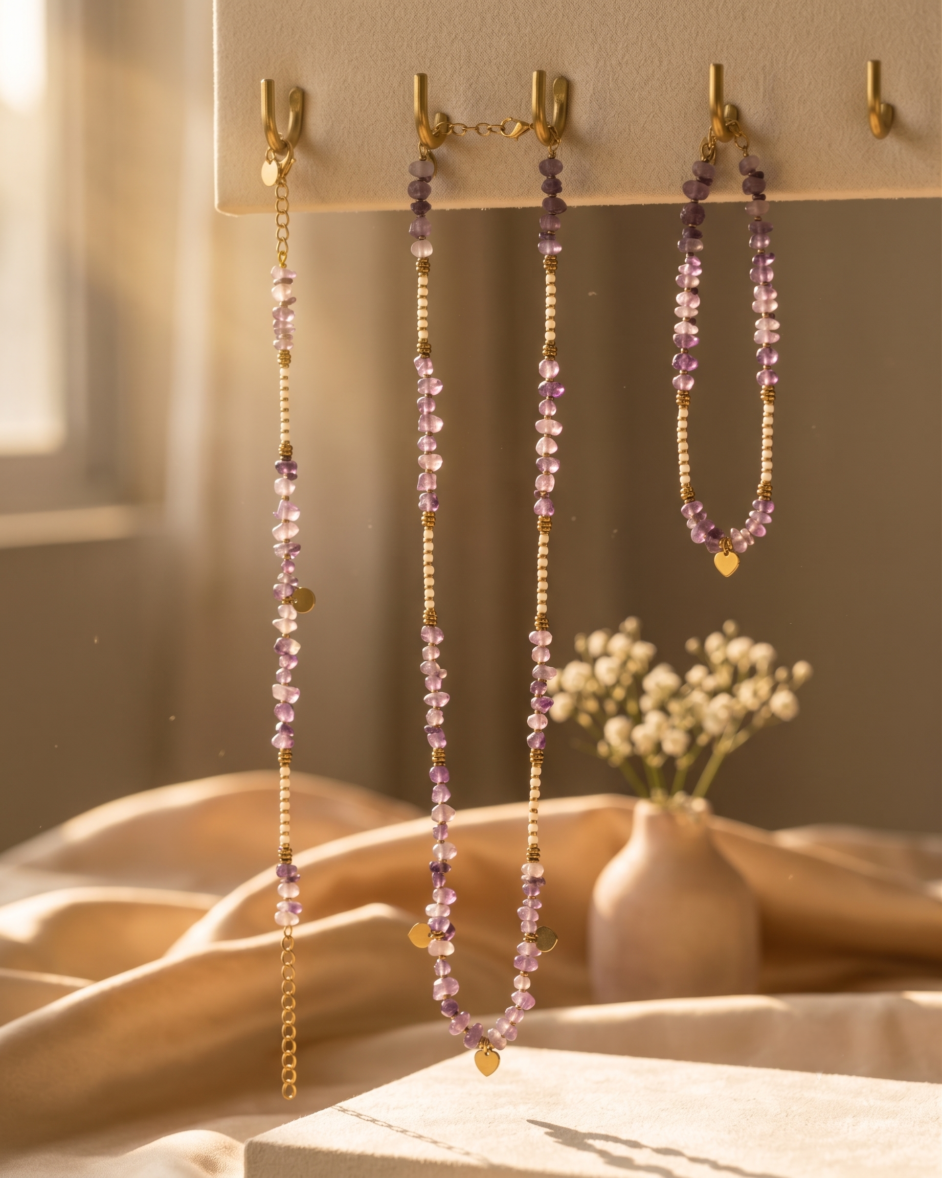 Amethyst Heart Charm Jewelry Set – Natural Stone Necklace, Bracelet &amp; Anklet | Gold-Plated | Anti-Tarnish | Waterproof
