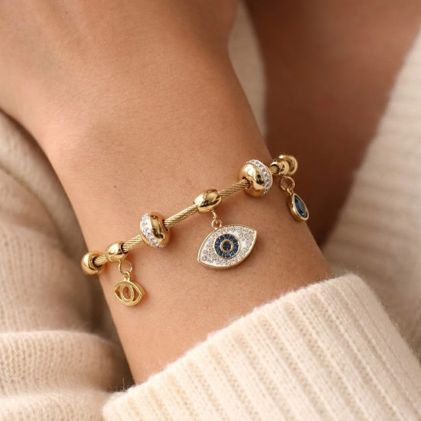 18K Gold Plated Evil Eye Twisted Wire Bracelet, Sparkling Blue Crystal Protection Bangle for Women