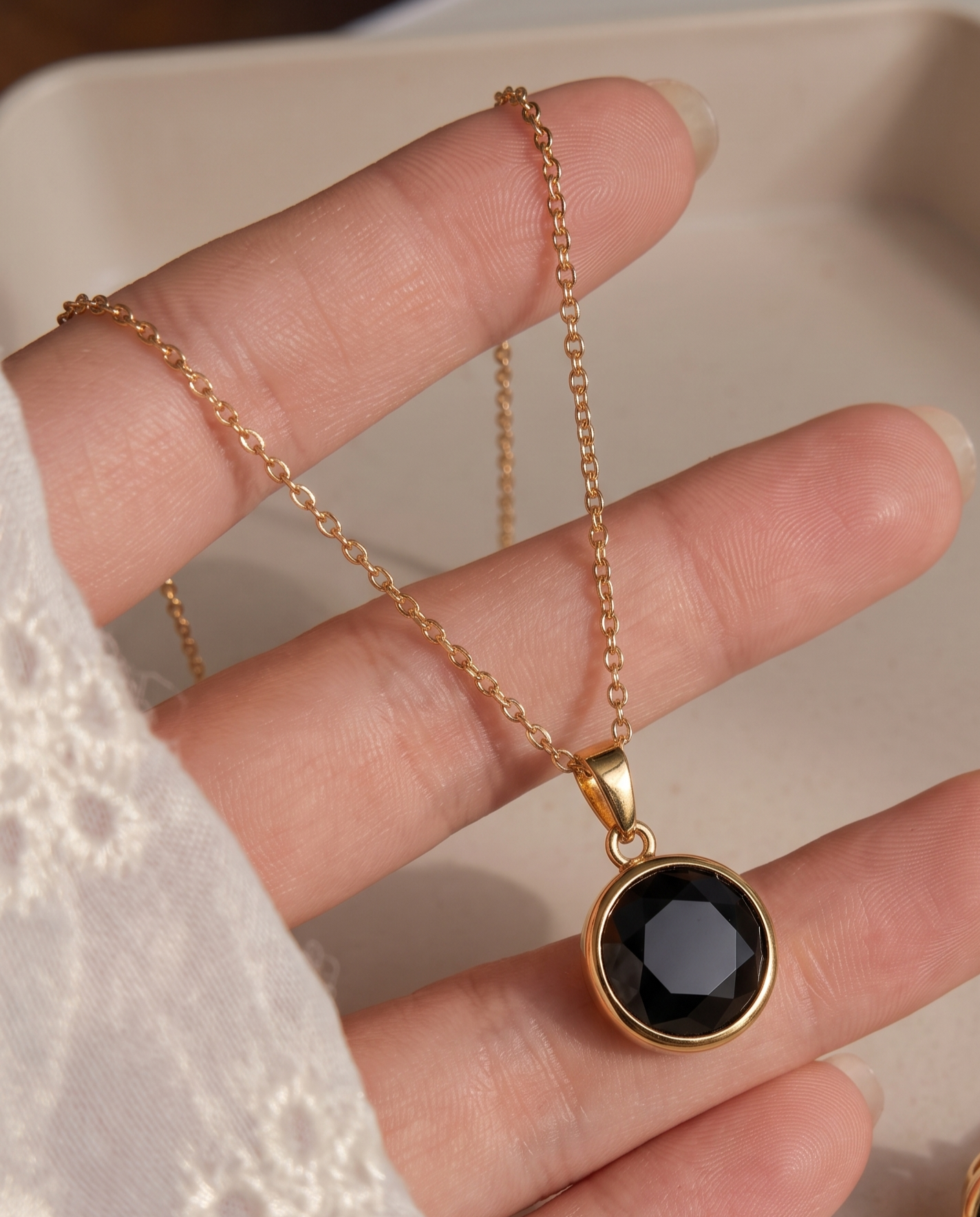 Black Crystal Pendant Necklace &amp; Stud Earrings Set for Women | Gold-Plated Elegant Jewelry Set