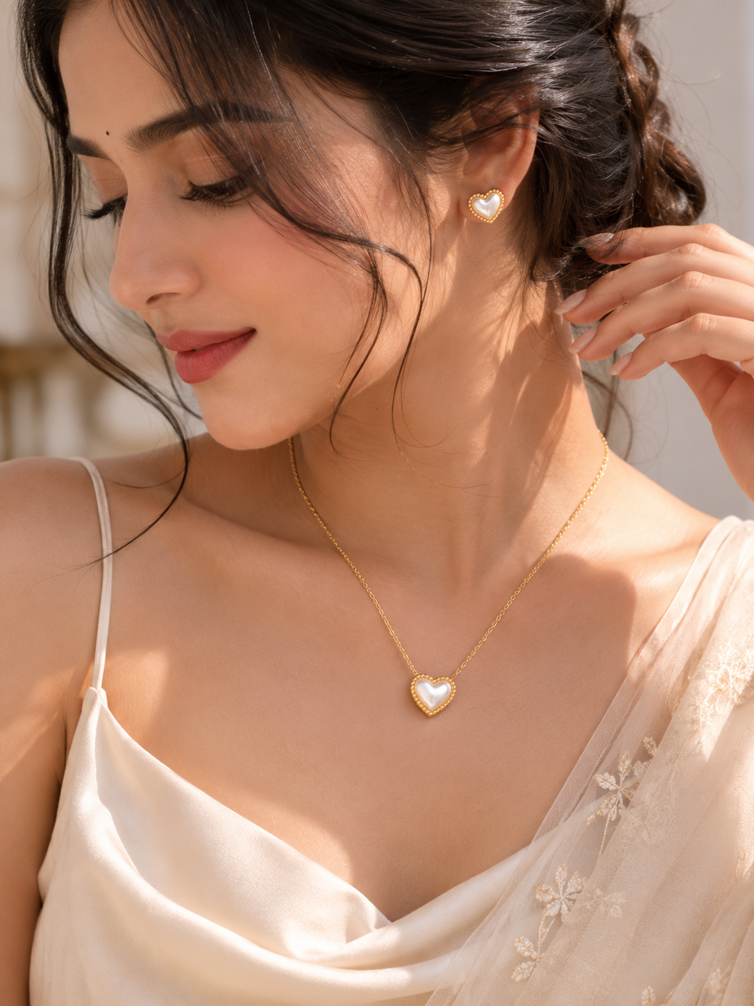 Gold Heart Necklace &amp; Stud Earrings Set with White Pearl Accent | Elegant Gold-Plated Jewelry for Women