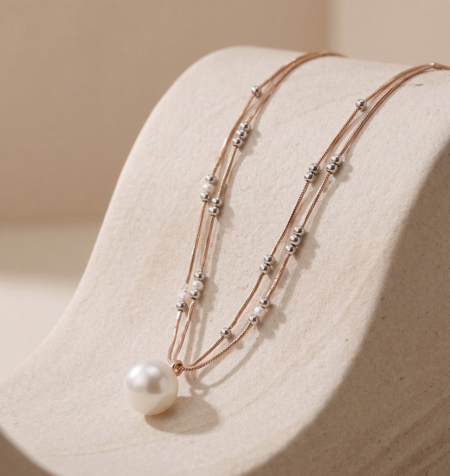 Prifine large solitaire pearl double-strand necklace featuring lustrous white pearls on a delicate chain.