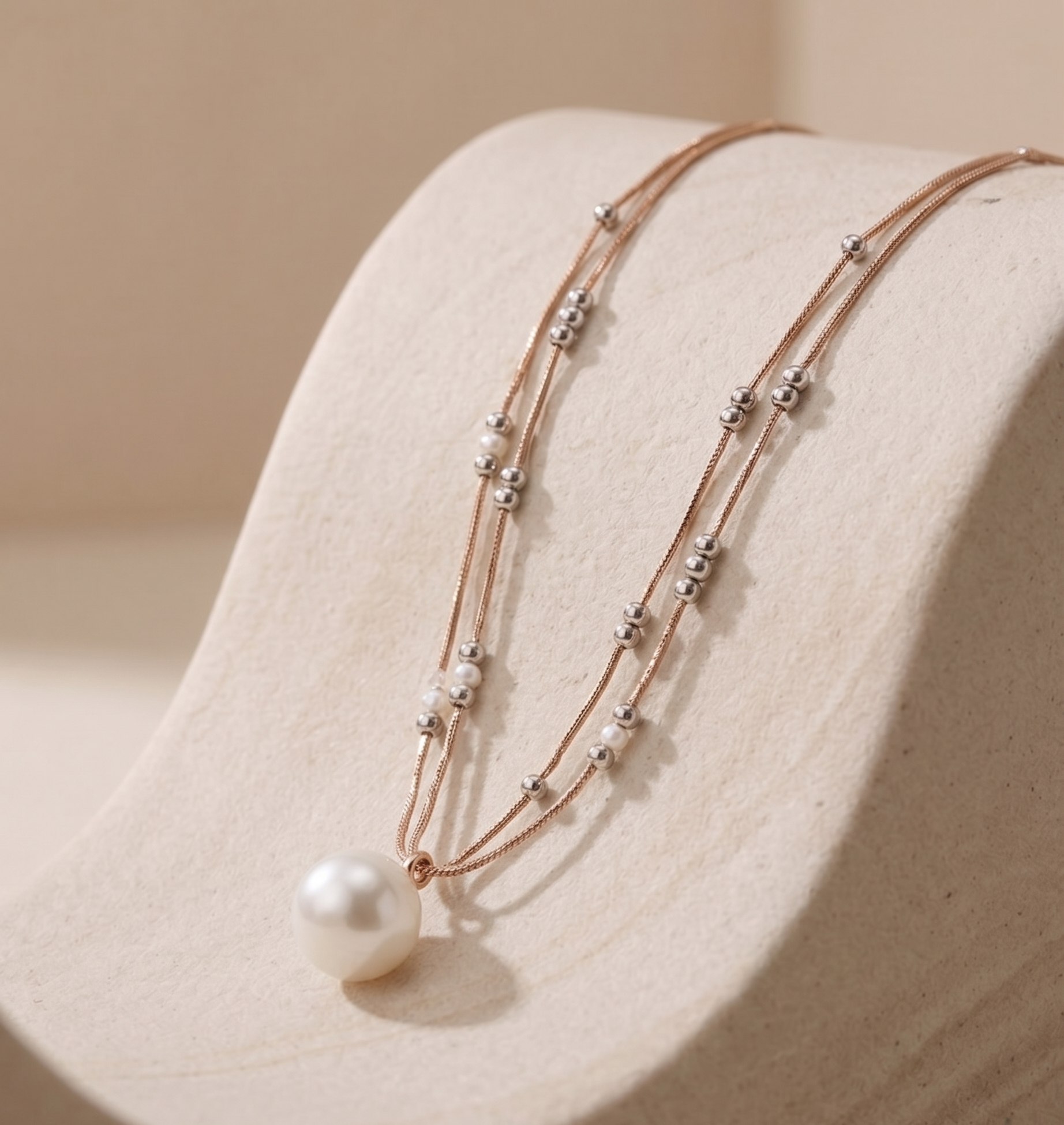 Prifine large solitaire pearl double-strand necklace featuring lustrous white pearls on a delicate chain.