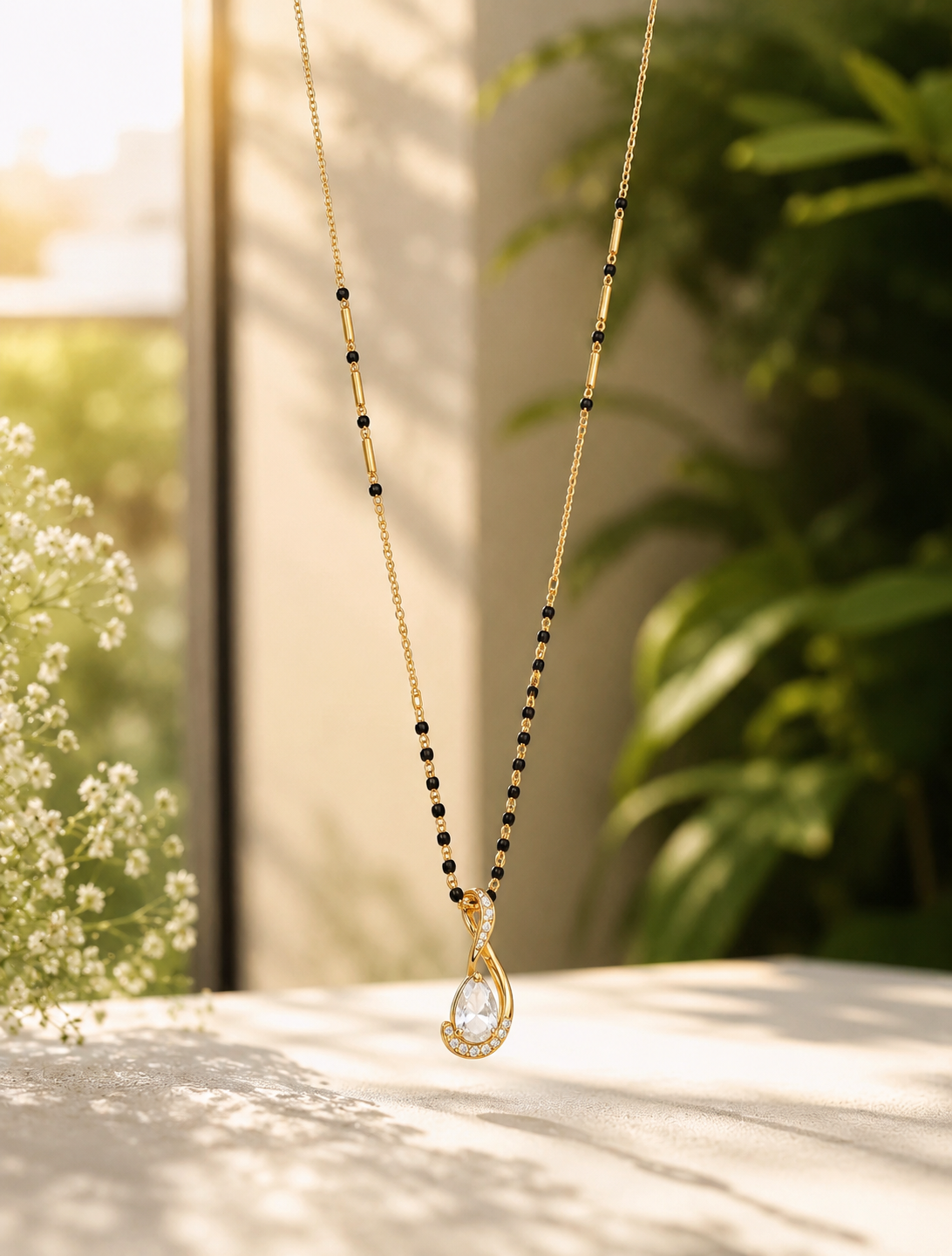 Gold Plated Mangalsutra Necklace with Crystal Teardrop Pendant for Women