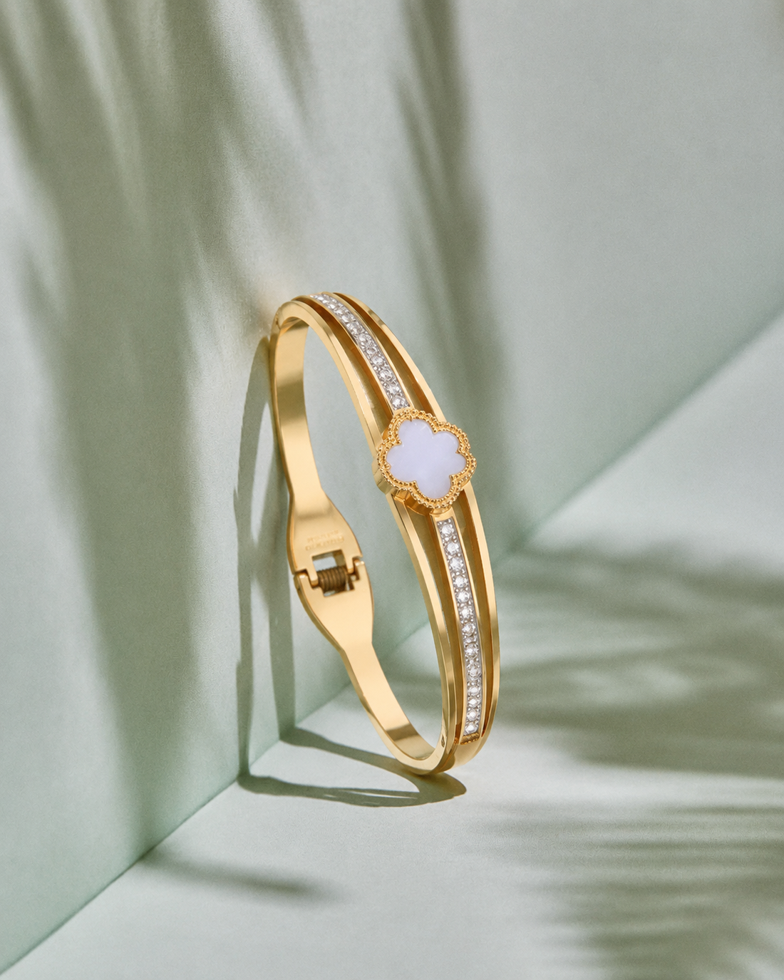 Luxury gold-plated clover bracelet with crystal accents, elegant women&